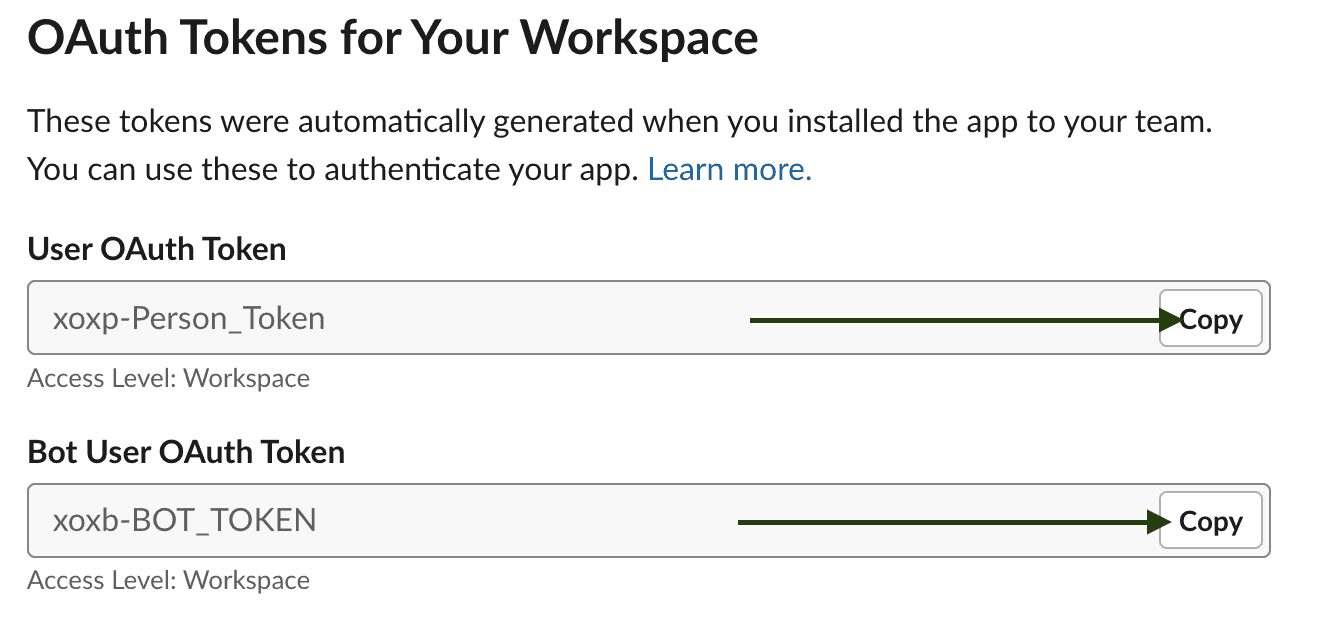 The picture has arrows pointing to the tokens that will be used as environment variables from Slack.